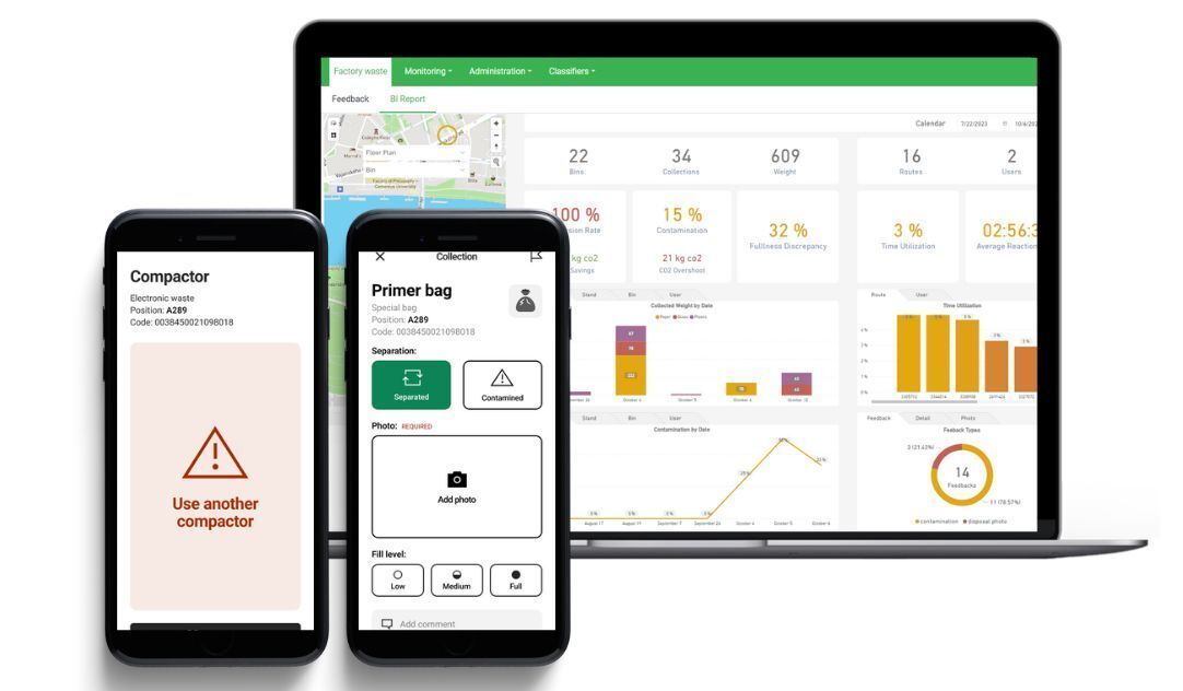 Smart waste management software dashboard on a laptop and citizen app on phones