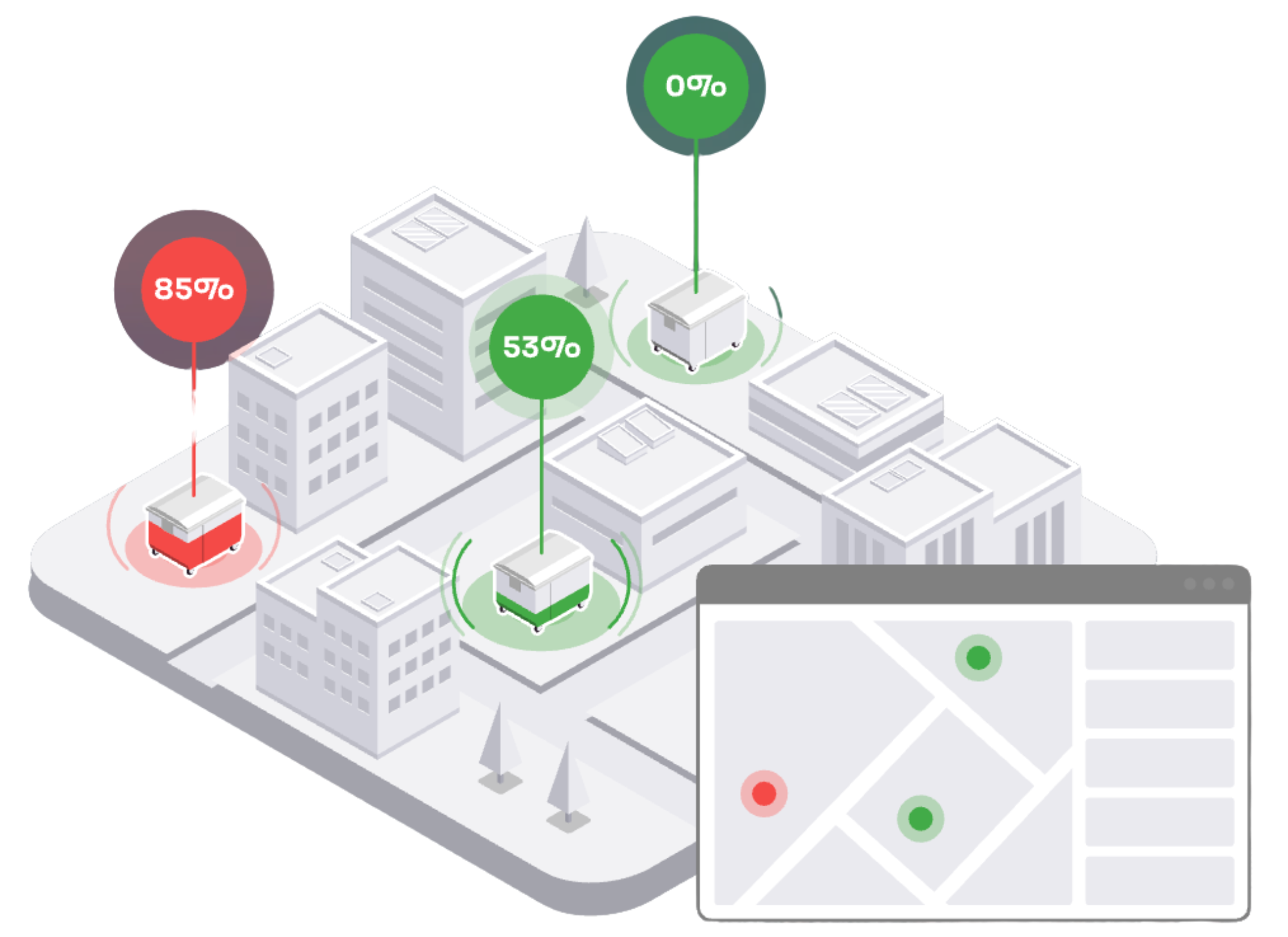 Isometric illustration of a connected smart city with sensor-monitored waste bins